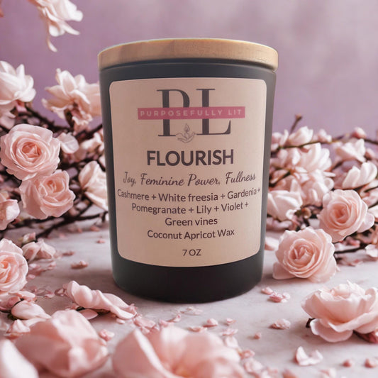 Flourish | 7oz Affirmation Candle | Blueberry, Freesia, Pomegranate, Lily, Magnolia & Cashmere | Inspirational Gift