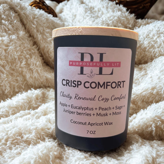 Crisp Comfort | 7oz Affirmation Candle | Eucalyptus, Sage, Peach, Apple, Juniper Berries, Pine | Inspirational Gift